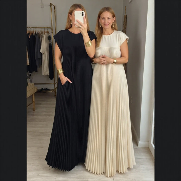 Women's Pleated Linen Maxi Dress Casual Sundress Loose Fit