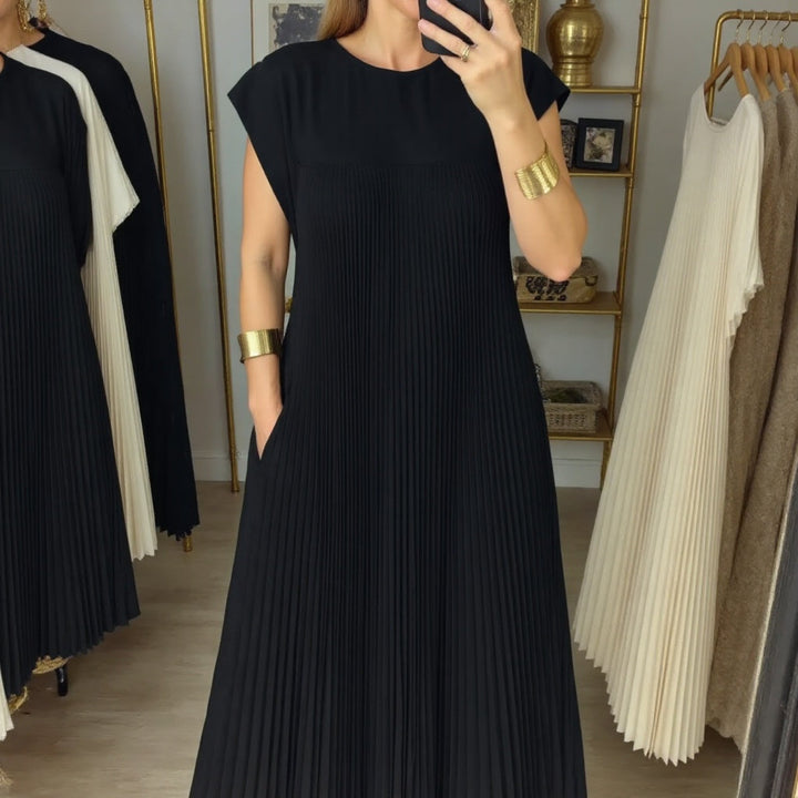 Women's Pleated Linen Maxi Dress Casual Sundress Loose Fit