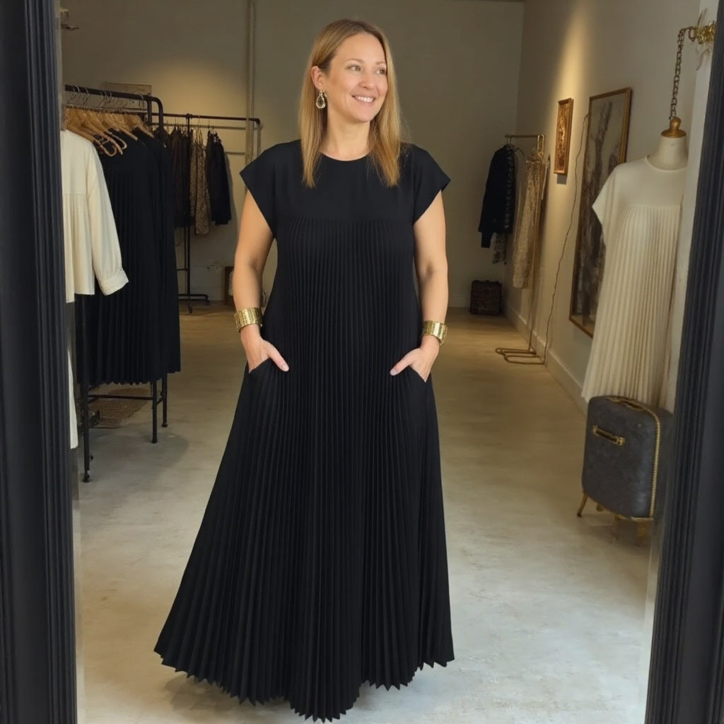 Women's Pleated Linen Maxi Dress Casual Sundress Loose Fit