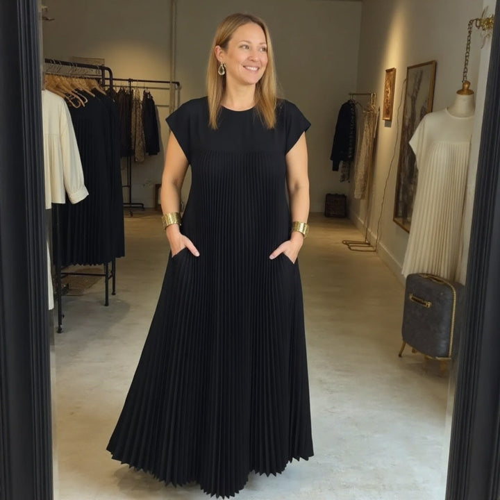 Women's Pleated Linen Maxi Dress Casual Sundress Loose Fit