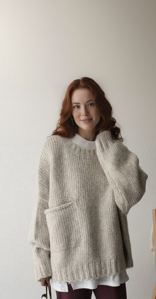 Damski luźny sweter z dzianiny z wełny merino z okrągłym dekoltem