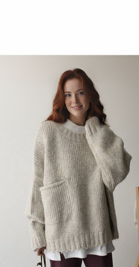 Damski luźny sweter z dzianiny z wełny merino z okrągłym dekoltem