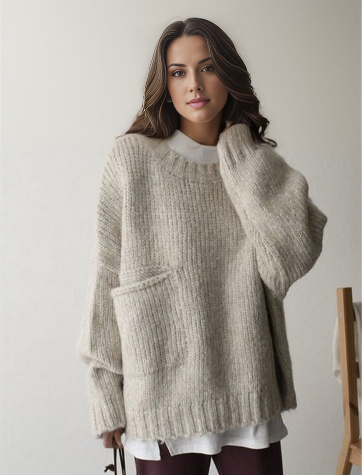 Damski luźny sweter z dzianiny z wełny merino z okrągłym dekoltem