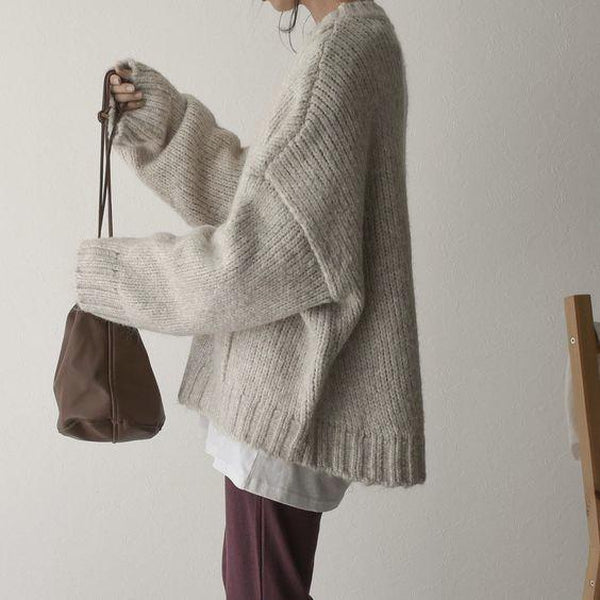 Damski luźny sweter z dzianiny z wełny merino z okrągłym dekoltem