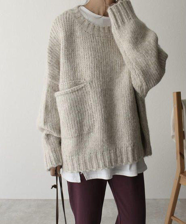 Damski luźny sweter z dzianiny z wełny merino z okrągłym dekoltem