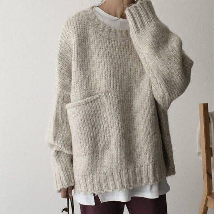 Damski luźny sweter z dzianiny z wełny merino z okrągłym dekoltem