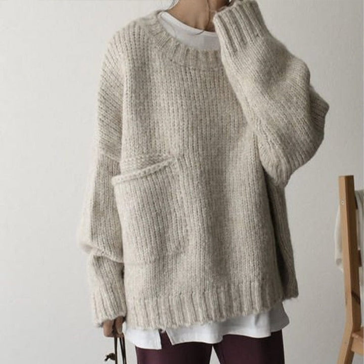 Damski luźny sweter z dzianiny z wełny merino z okrągłym dekoltem