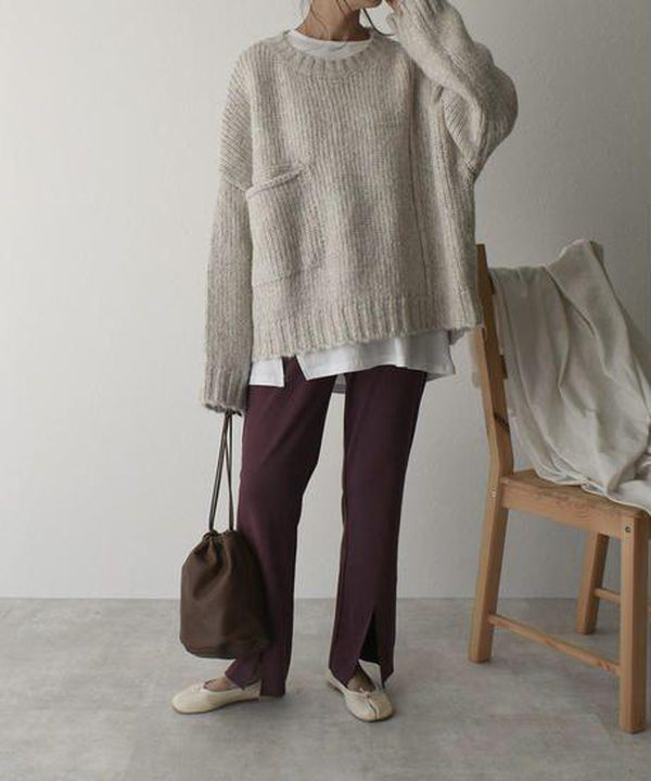 Damski luźny sweter z dzianiny z wełny merino z okrągłym dekoltem