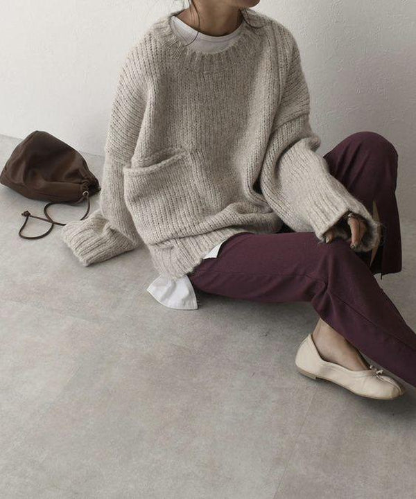 Damski luźny sweter z dzianiny z wełny merino z okrągłym dekoltem