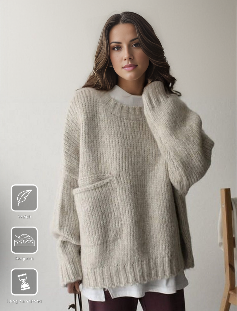 Damski luźny sweter z dzianiny z wełny merino z okrągłym dekoltem