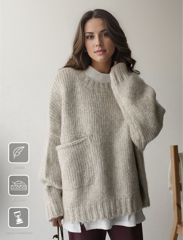Damski luźny sweter z dzianiny z wełny merino z okrągłym dekoltem