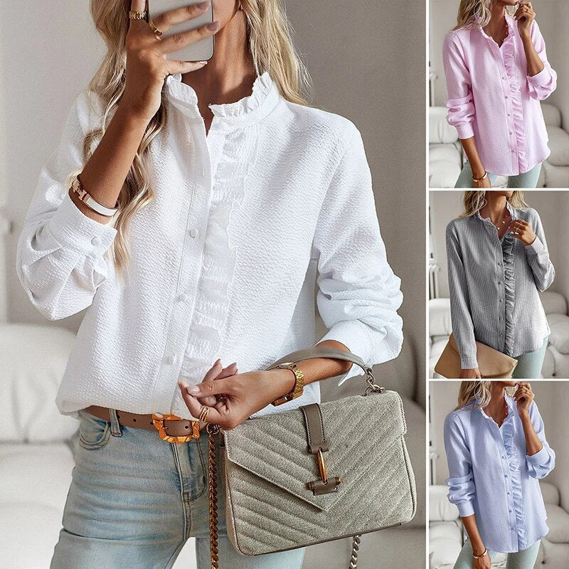Women's Linen Blend Blouse  Ruffle Stand Collar Long Sleeve Shirt
