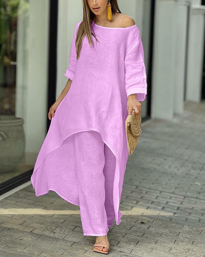 Women's Two Piece Set Summer Fashion Breathable Cotton Linen Tunic and Wide Leg Pants