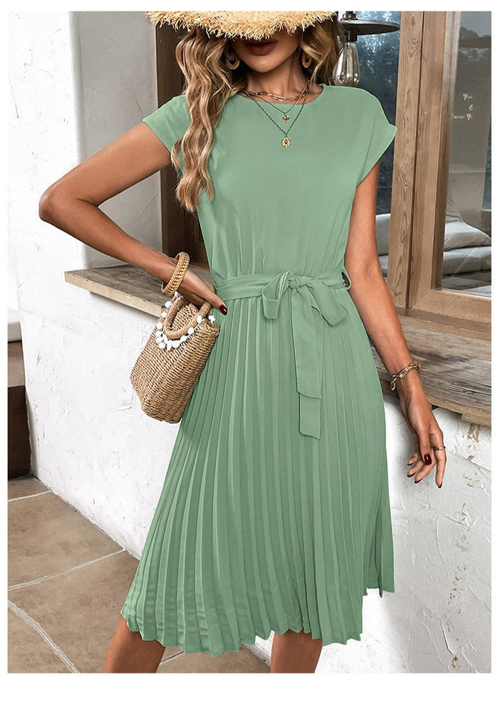 Women's Pleated Midi Dress Knit Sleeve Casual Outfit