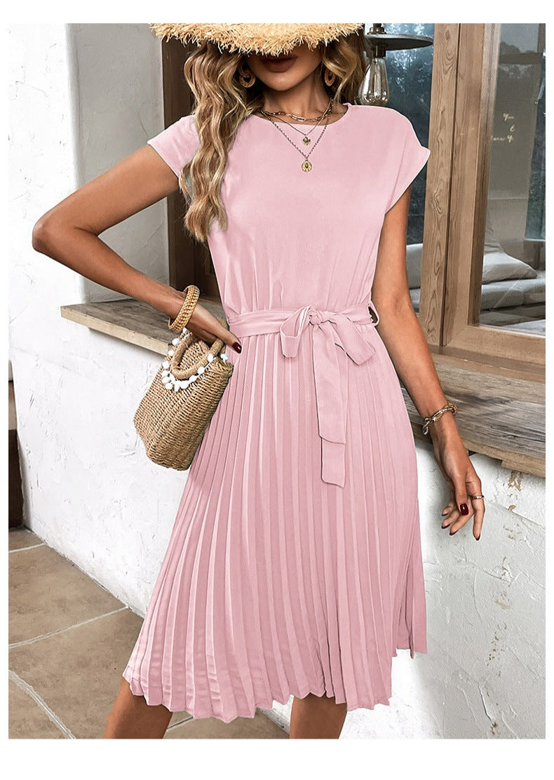 Women's Pleated Midi Dress Knit Sleeve Casual Outfit