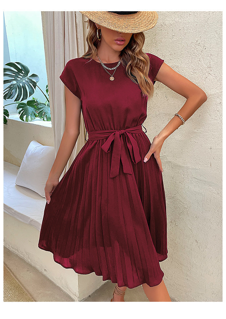 Women's Pleated Midi Dress Knit Sleeve Casual Outfit