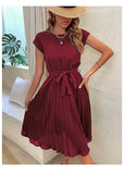 Women's Pleated Midi Dress Knit Sleeve Casual Outfit