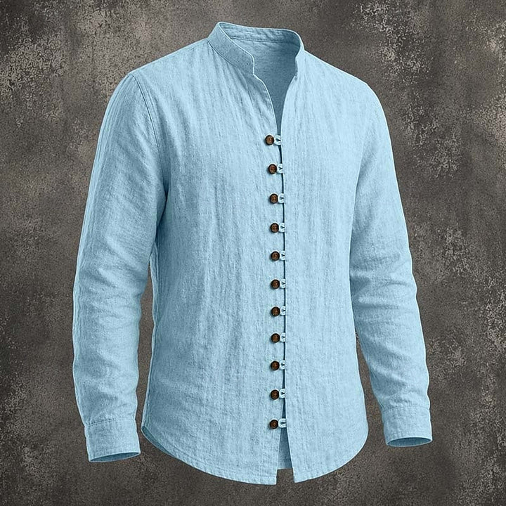 Men's Linen Grandad Shirt Long Sleeve Band Collar Top