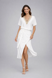 Women Linen V-Neck Short Sleeve Wrap Midi Dress