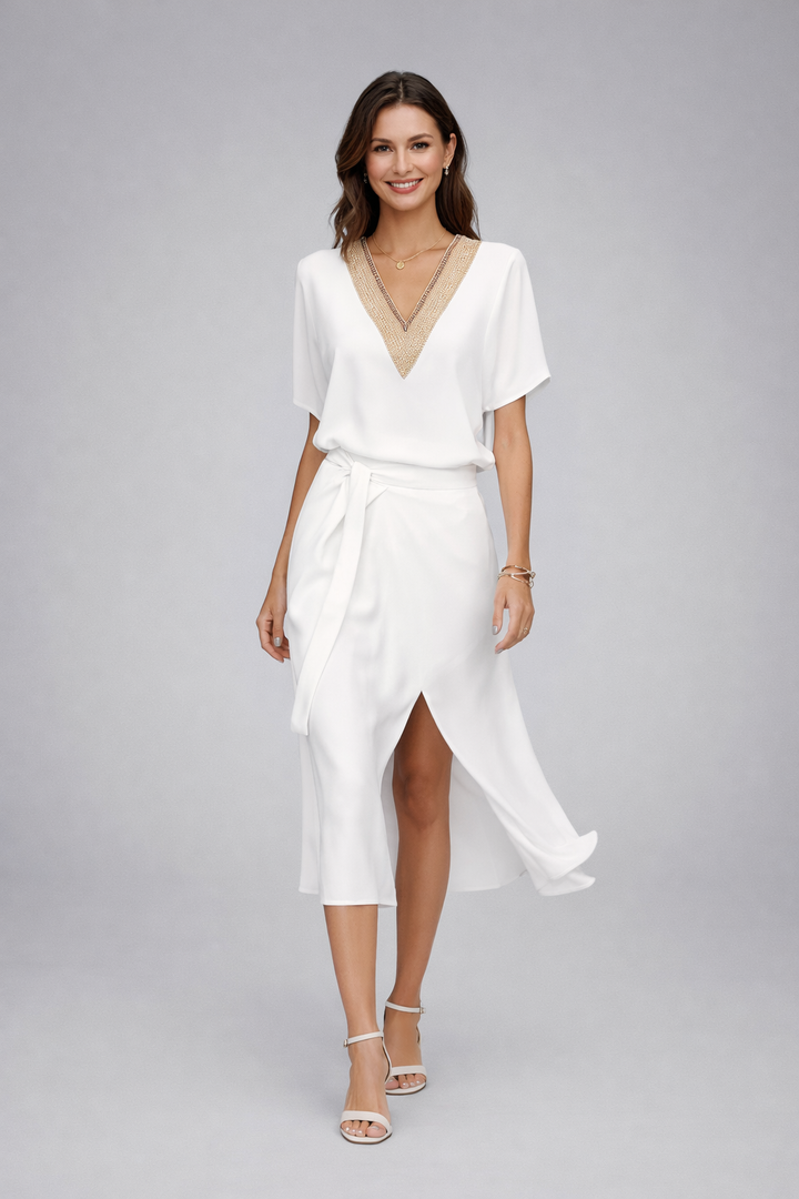 Women Linen V-Neck Short Sleeve Wrap Midi Dress