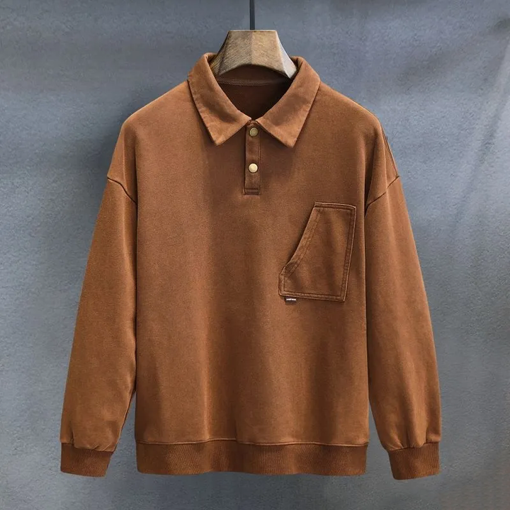 Męska bluza polarowa polo z długim rękawem, pulower