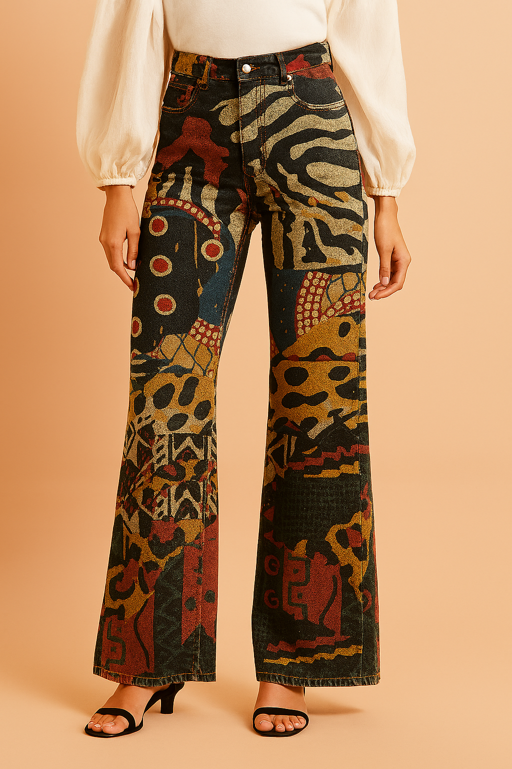 Women's Denim Vintage Floral Flared Pants Wide Leg Trousers
