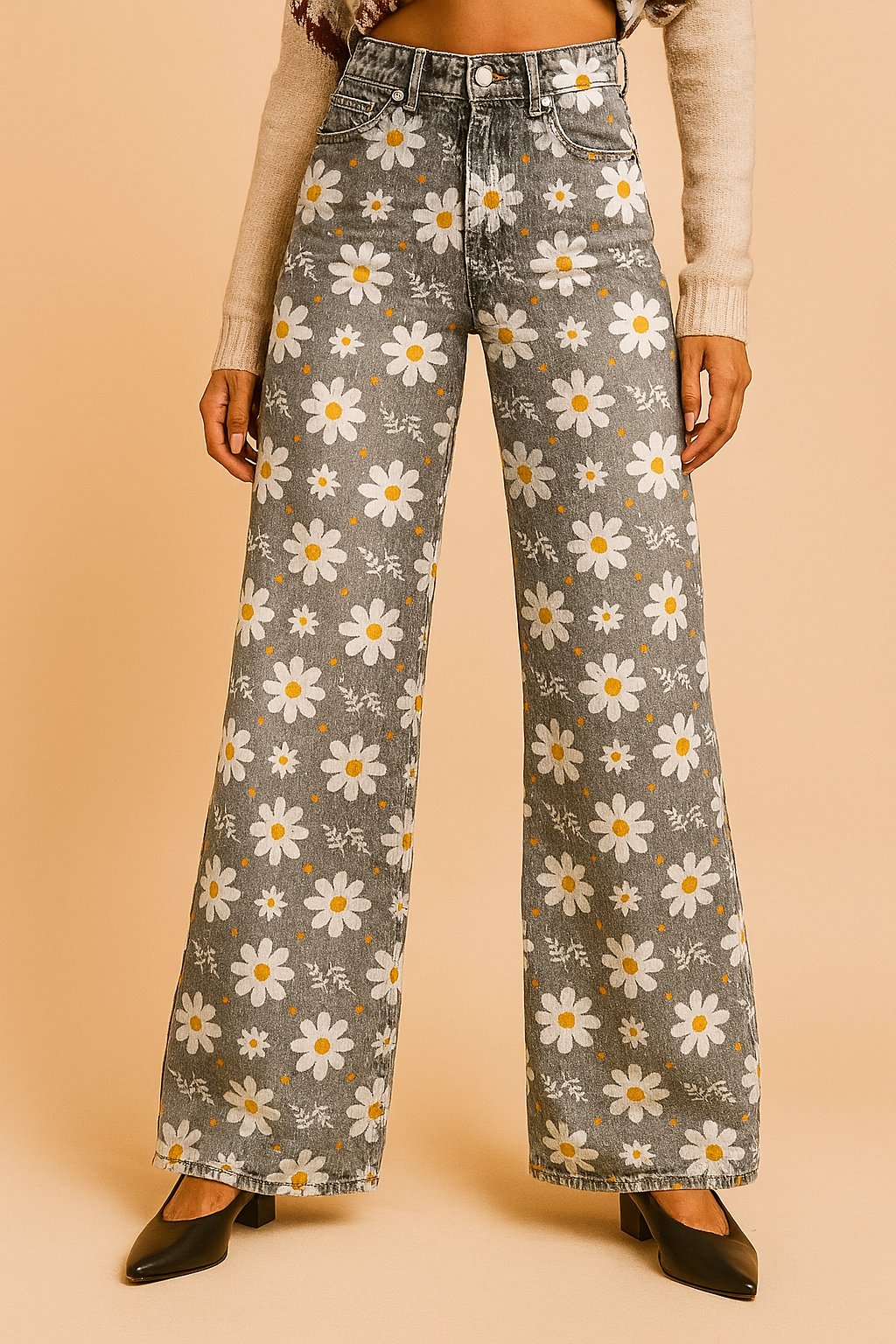 Women's Denim Vintage Floral Flared Pants Wide Leg Trousers