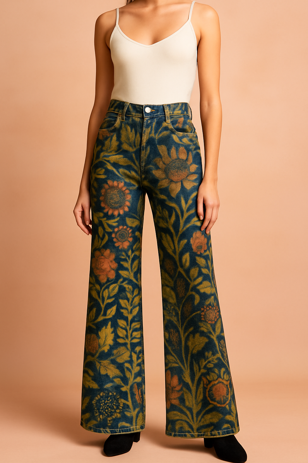 Women's Denim Vintage Floral Flared Pants Wide Leg Trousers