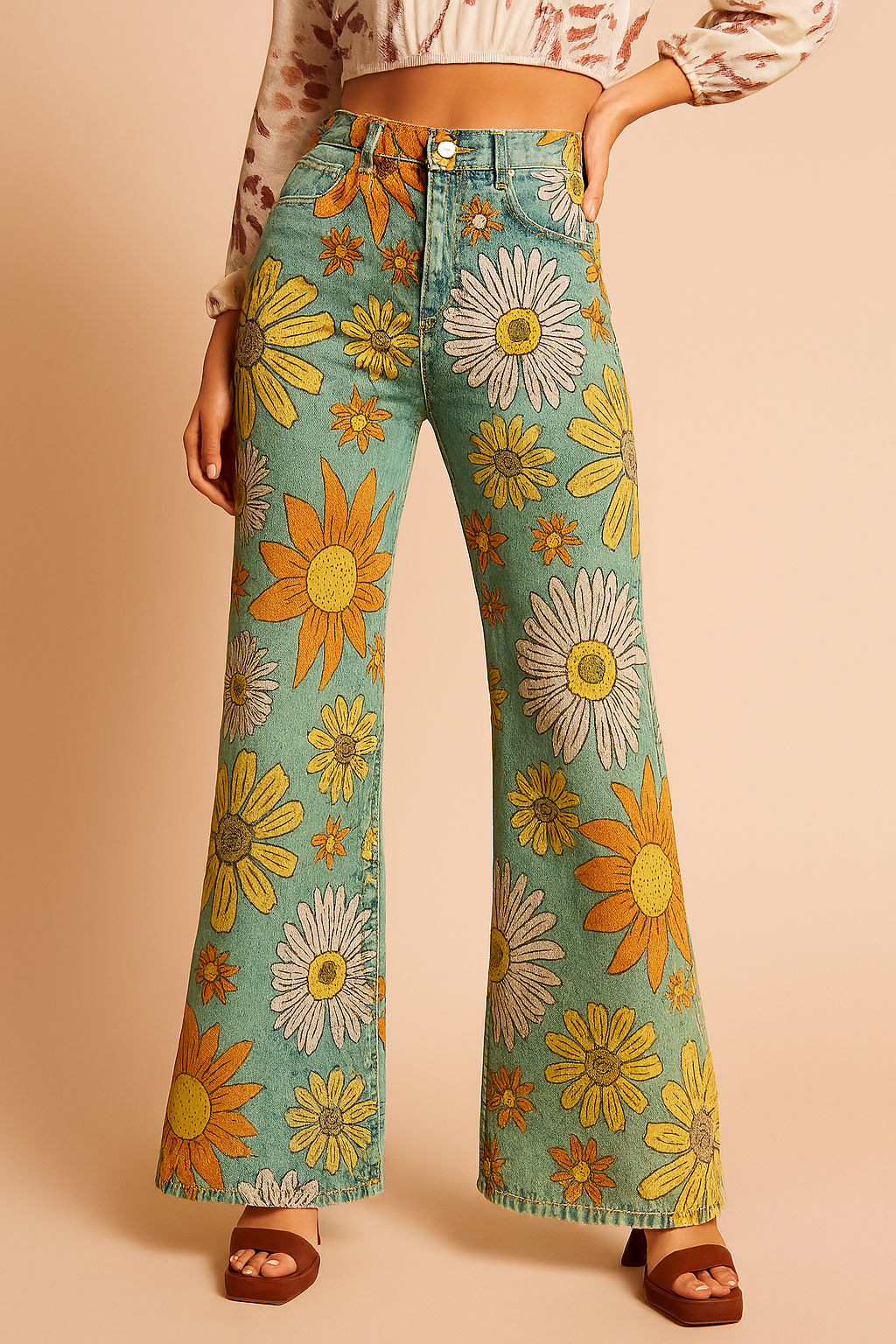Women's Denim Vintage Floral Flared Pants Wide Leg Trousers