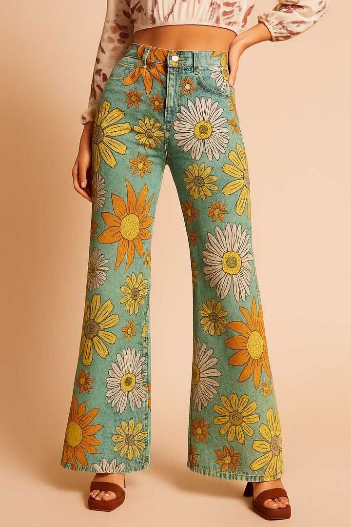 Women's Denim Vintage Floral Flared Pants Wide Leg Trousers