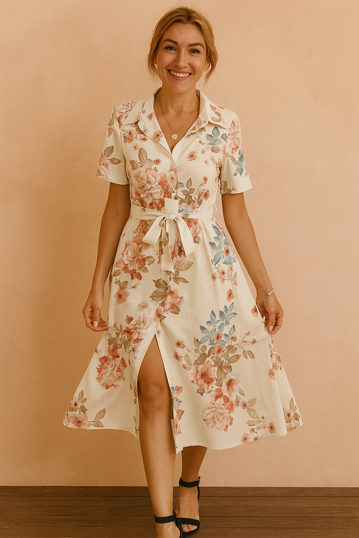 Women's Linen Blend Floral Midi A-Line Shirt Dress