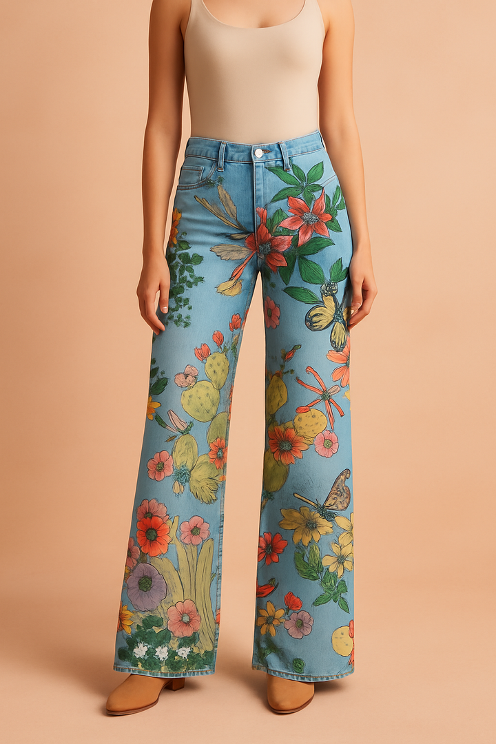 Women's Denim Vintage Floral Flared Pants Wide Leg Trousers