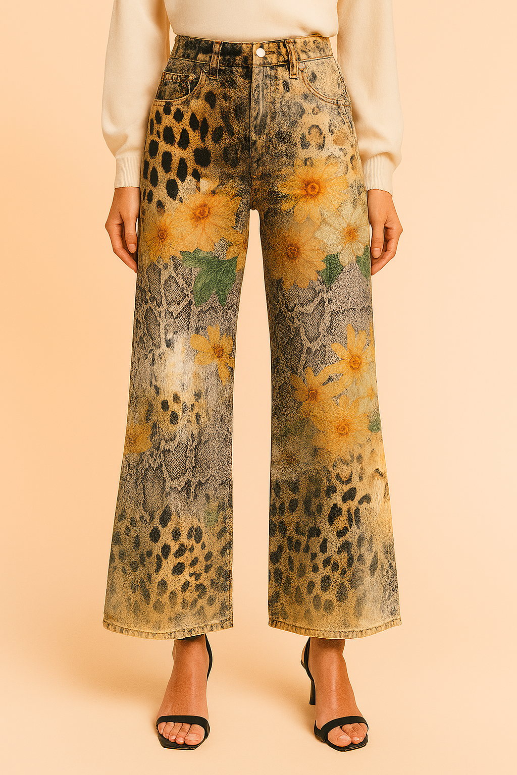 Women's Denim Vintage Floral Flared Pants Wide Leg Trousers