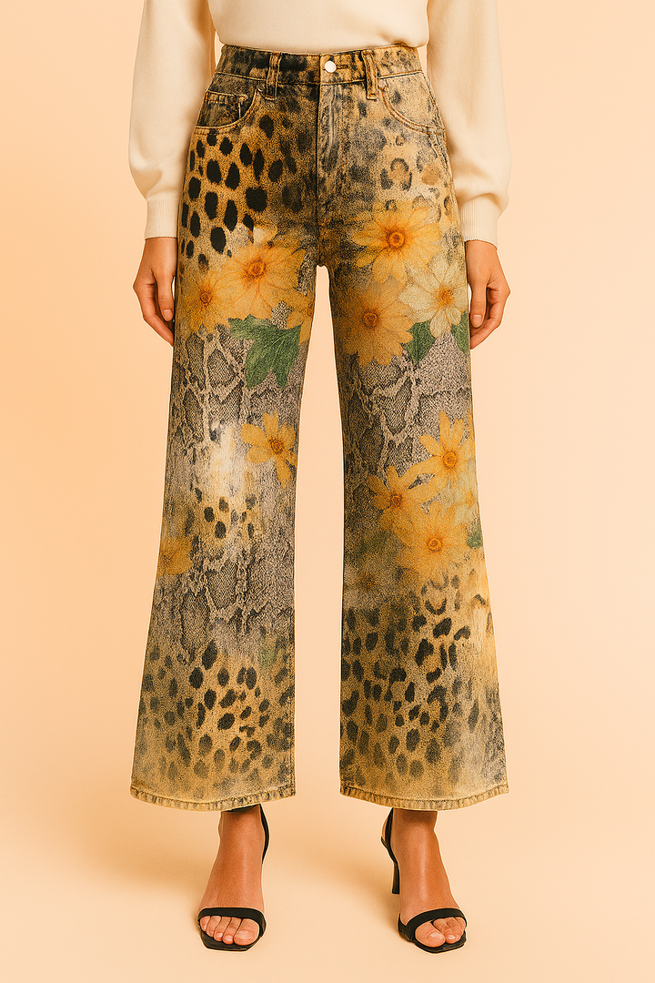 Women's Denim Vintage Floral Flared Pants Wide Leg Trousers