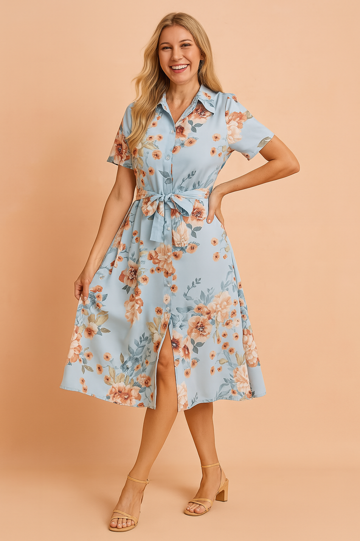 Women's Linen Blend Floral Midi A-Line Shirt Dress