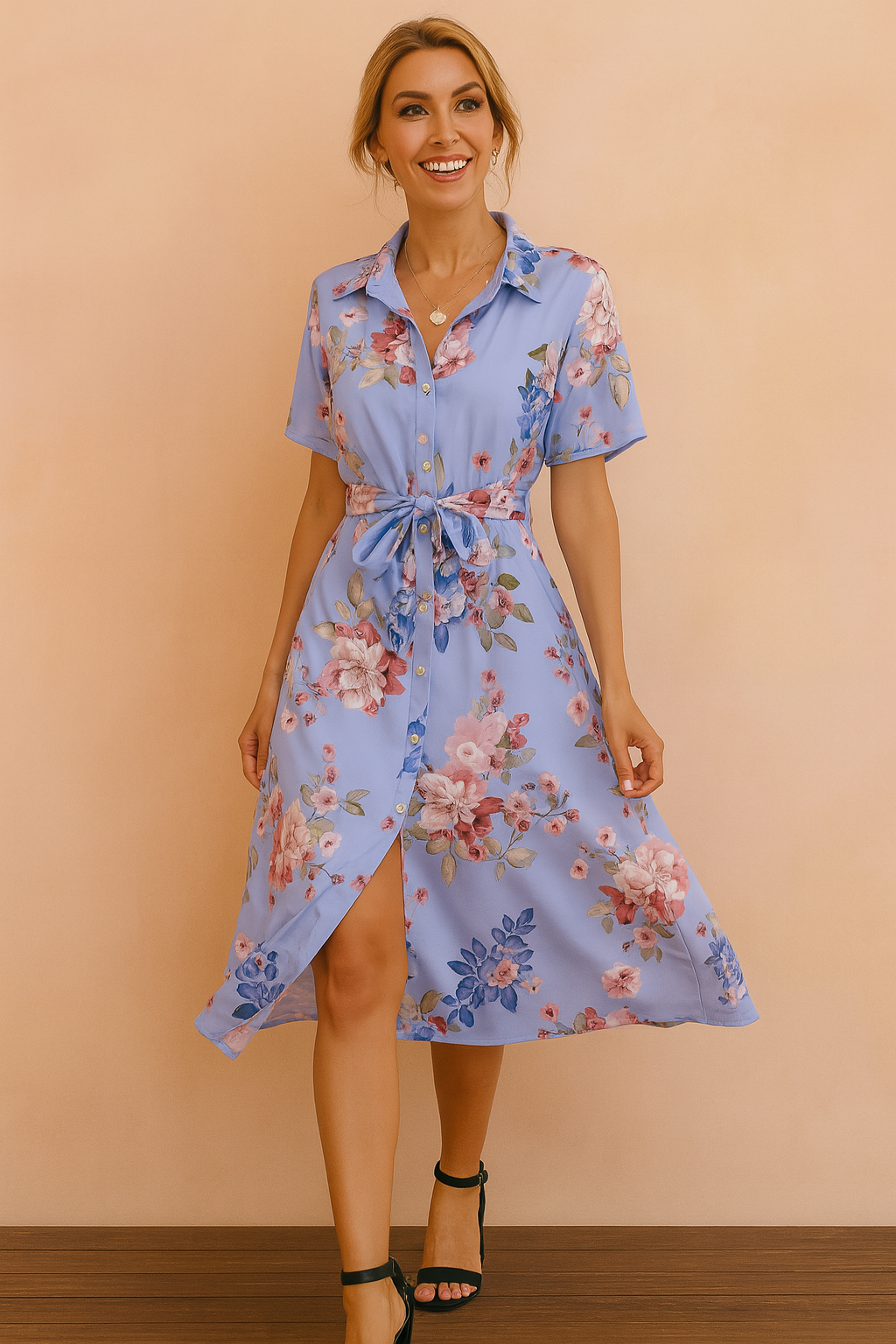 Women's Linen Blend Floral Midi A-Line Shirt Dress
