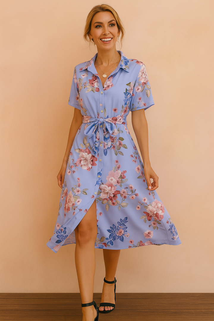 Women's Linen Blend Floral Midi A-Line Shirt Dress