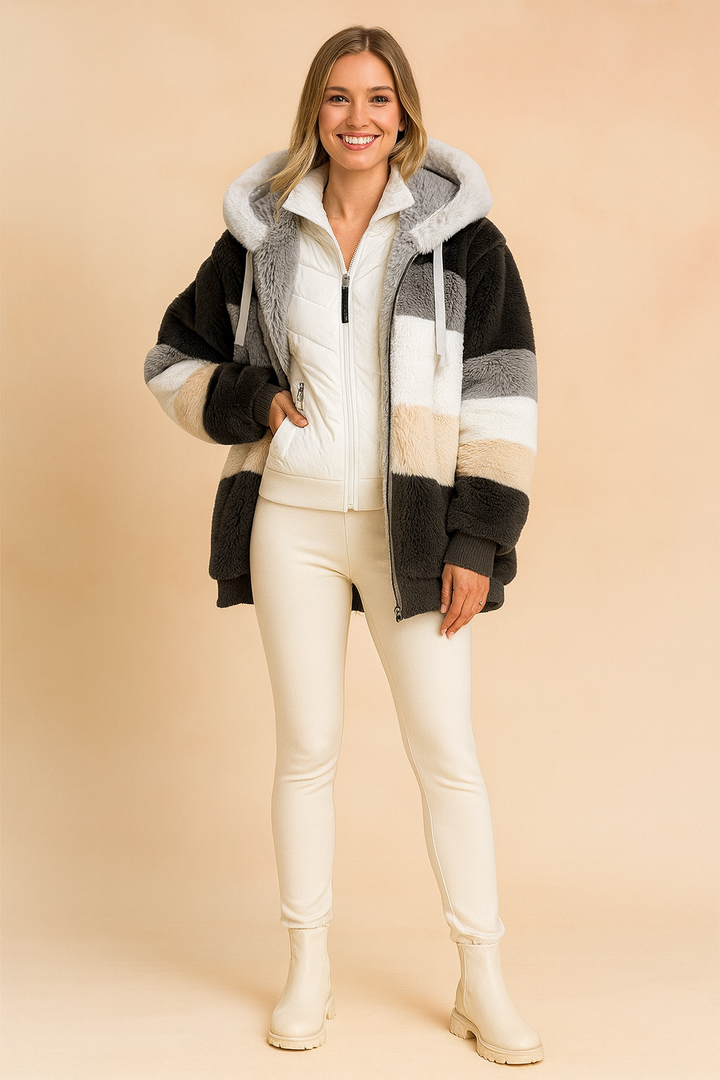 Women's Wool Blend Colorblock Striped Fluffy Hooded Jacket