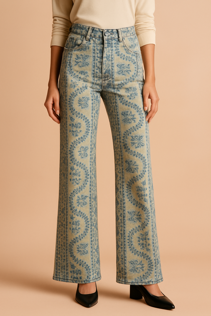Women's Denim Vintage Floral Flared Pants Wide Leg Trousers