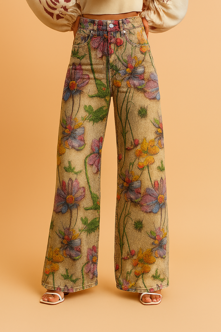 Women's Denim Vintage Floral Flared Pants Wide Leg Trousers