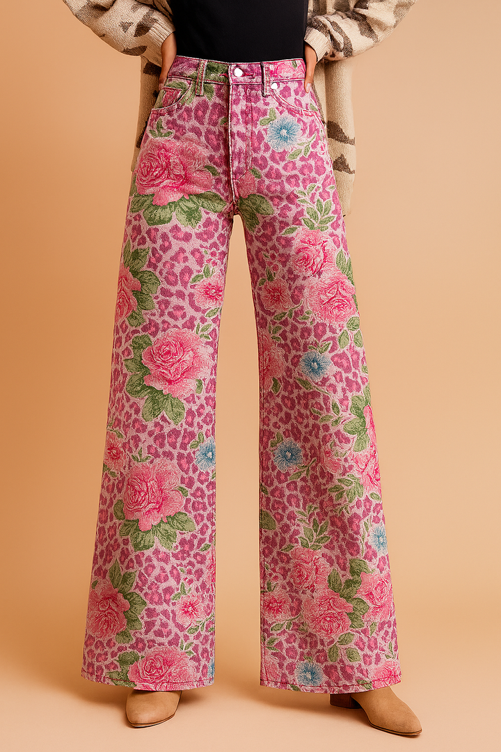 Women's Denim Vintage Floral Flared Pants Wide Leg Trousers