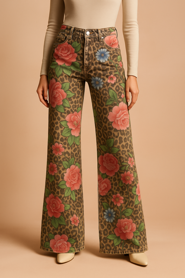 Women's Denim Vintage Floral Flared Pants Wide Leg Trousers