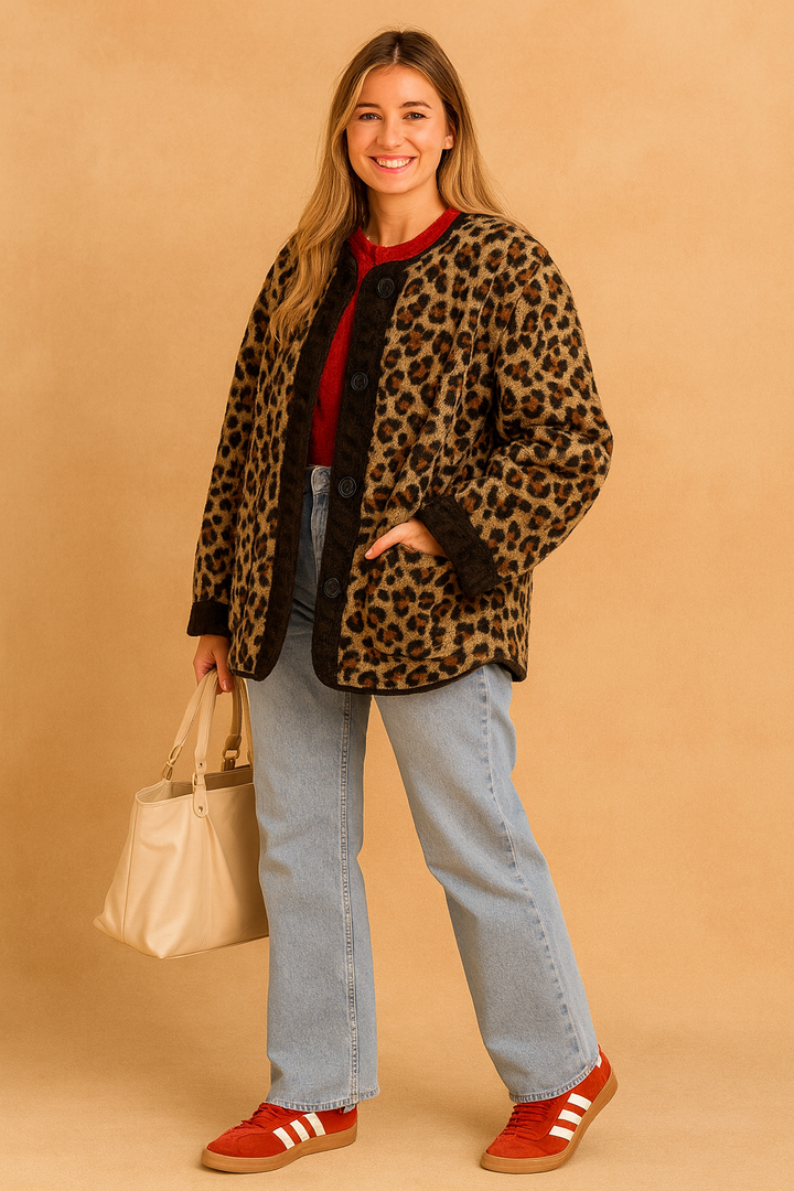 Women's Fleece Leopard Print Jacket Animal Pattern Outerwear Coat
