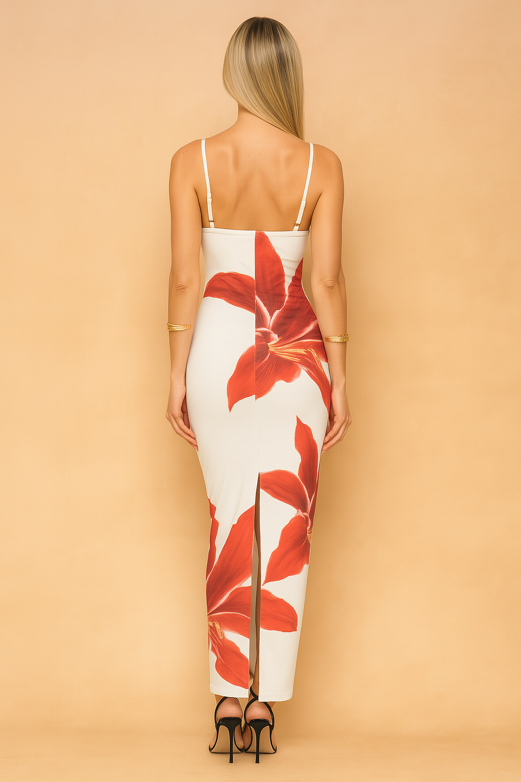Women's Floral Knit Blend Spaghetti Strap Bodycon Slit Maxi Dress