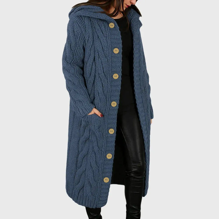 Women's Long Hooded Cable Knit Wool Cardigan