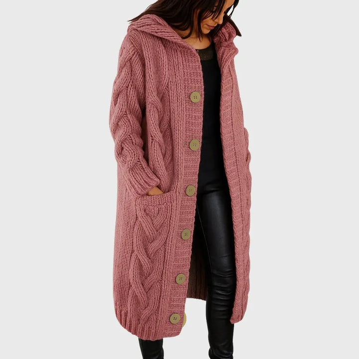 Women's Long Hooded Cable Knit Wool Cardigan