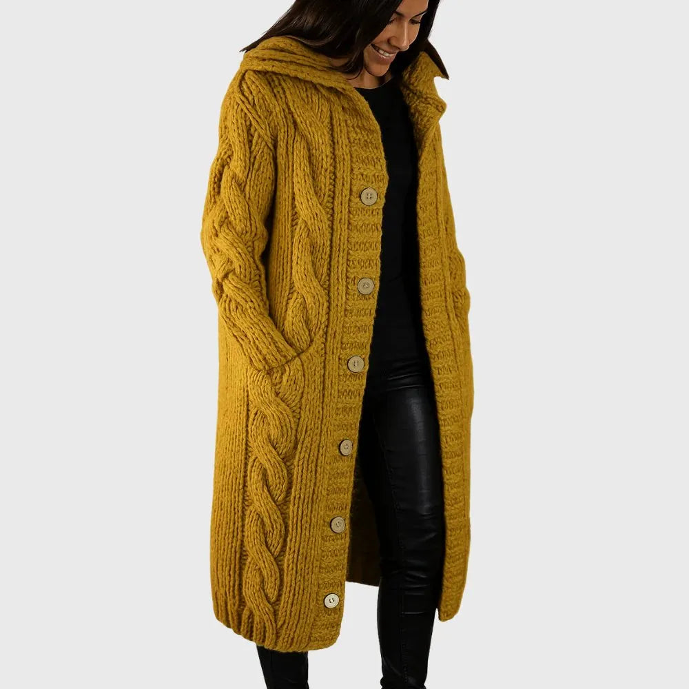 Women's Long Hooded Cable Knit Wool Cardigan