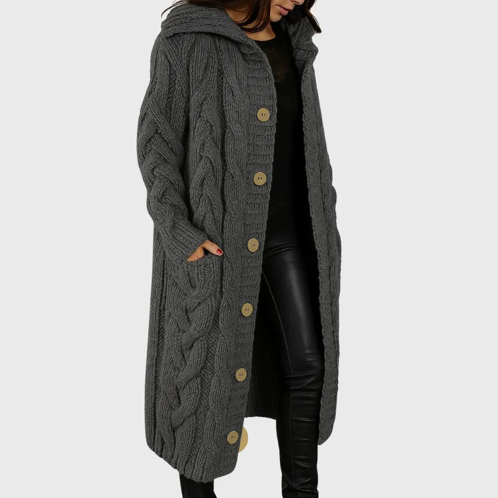 Women's Long Hooded Cable Knit Wool Cardigan
