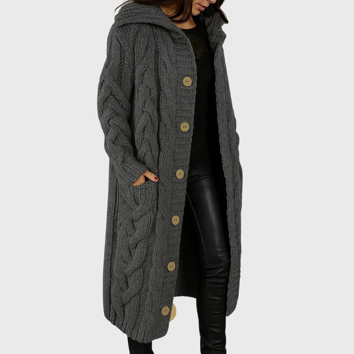Women's Long Hooded Cable Knit Wool Cardigan
