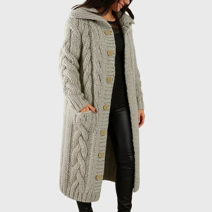 Women's Long Hooded Cable Knit Wool Cardigan